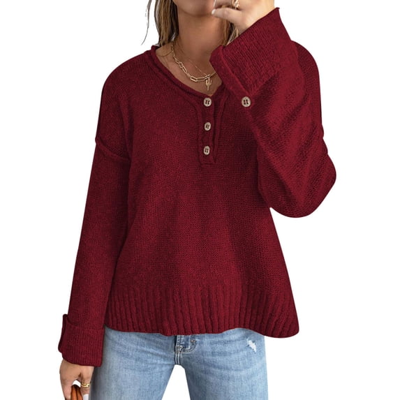 HUBERY Women Button Up V Neck Spliced Long Sleeve Ribbed Solid Color Knitted Top