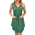 thumbnail image 1 of HUBERY Women Button V Neck Sleeveless Tie Waist Pockets Irregular Hem Dress, 1 of 7