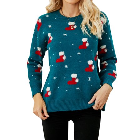 HUBERY Women Christmas Cartoon Printed Crew Neck Long Sleeve Ribbed Edge Sweater