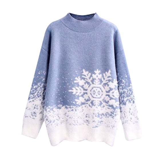 HUBERY Women Christmas Snowflake Graphic Crew Neck Long Sleeve Knit Sweater