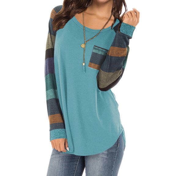 HUBERY Women Color Block Pocket Stitching O Neck Long Sleeves Shirt