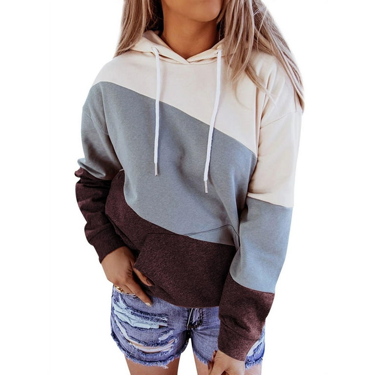 HUBERY Women Colorblock Crew Neck Long Sleeve Kangaroo Pocket Hooded Sweatshirt Walmart