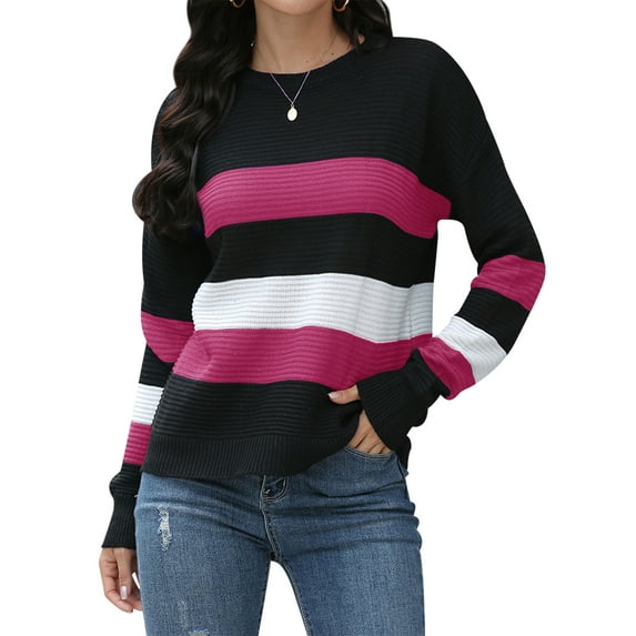 HUBERY Women Colorblock Stripe Crew Neck Long Sleeve Sweater