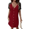 thumbnail image 1 of HUBERY Women Contrast Color Lace Raglan Sleeve Button V Neck Mini Dress, 1 of 7