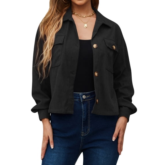 HUBERY Women Corduroy Lapel Collar Long Sleeve Button Pocket Solid Color Jacket