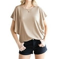 thumbnail image 1 of HUBERY Women Crew Neck Batwing Short Sleeve Ribbed Solid Color Top, 1 of 6