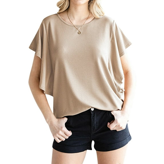 HUBERY Women Crew Neck Batwing Short Sleeve Ribbed Solid Color Top