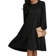 thumbnail image 1 of HUBERY Women Crew Neck Long Puff Sleeve Ruffled Keyhole Back Midi Dress, 1 of 5