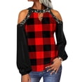 thumbnail image 1 of HUBERY Women Crew Neck Long Sleeve Cold Shoulder Plaid Sequins Splice Top, 1 of 3
