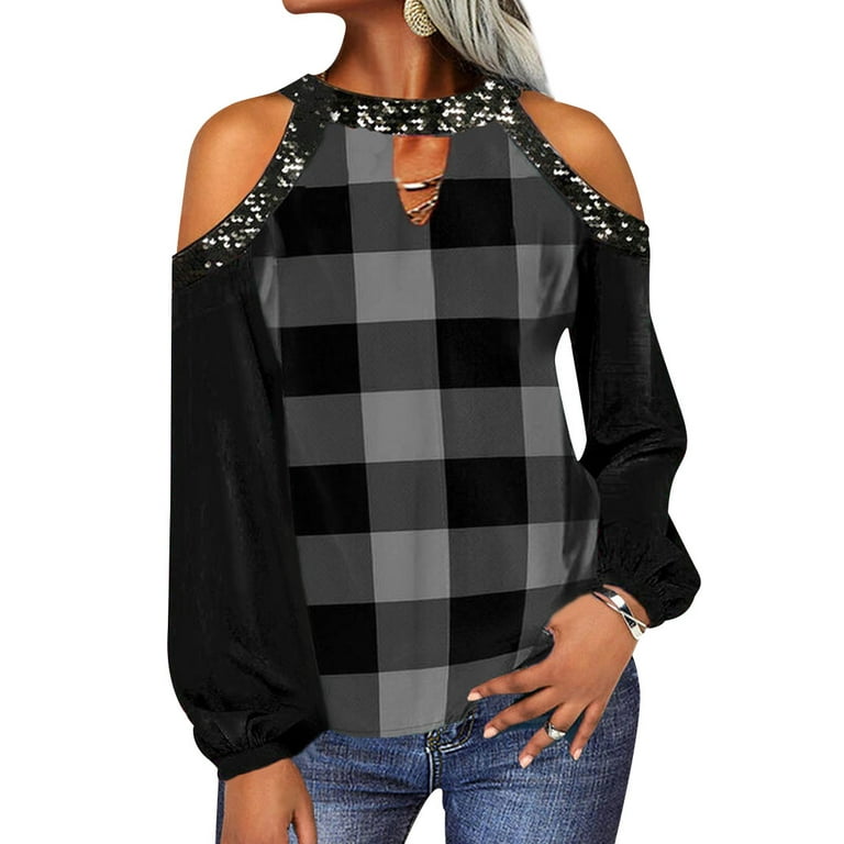 HUBERY Women Crew Neck Long Sleeve Cold Shoulder Plaid Sequins Splice Top Walmart