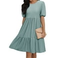 thumbnail image 1 of HUBERY Women Crew Neck Short Puff Sleeve Ruffled Keyhole Back Midi Dress, 1 of 6