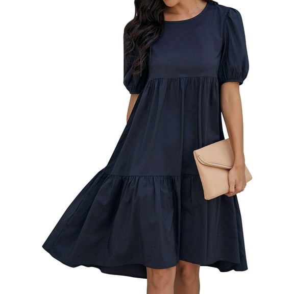 HUBERY Women Crew Neck Short Puff Sleeve Ruffled Keyhole Back Midi Dress