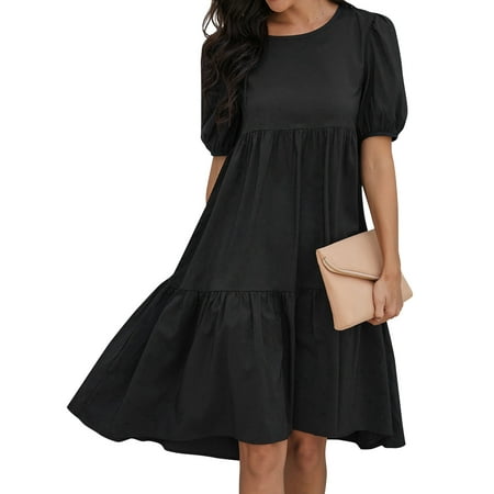 HUBERY Women Crew Neck Short Puff Sleeve Ruffled Keyhole Back Midi Dress