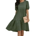 thumbnail image 1 of HUBERY Women Crew Neck Short Puff Sleeve Ruffled Keyhole Back Midi Dress, 1 of 6