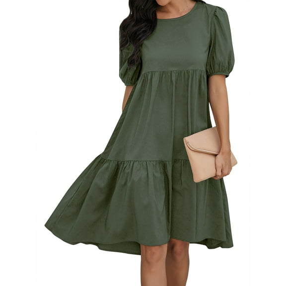 HUBERY Women Crew Neck Short Puff Sleeve Ruffled Keyhole Back Midi Dress