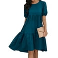 thumbnail image 1 of HUBERY Women Crew Neck Short Puff Sleeve Ruffled Keyhole Back Midi Dress, 1 of 6