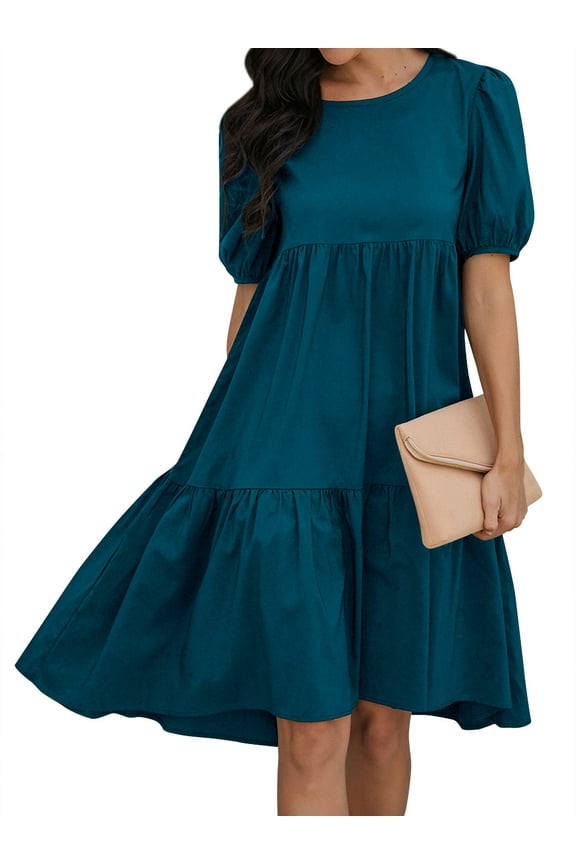 Women Crew Neck Short Puff Sleeve Ruffled Keyhole Back Midi Dress