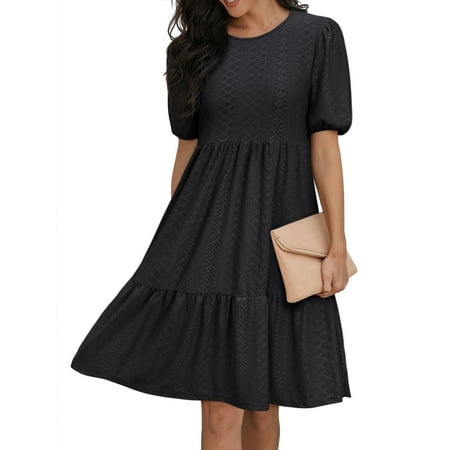 HUBERY Women Crew Neck Short Puff Sleeve Ruffled Keyhole Back Midi Dress