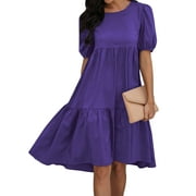 HUBERY Women Crew Neck Short Puff Sleeve Ruffled Keyhole Back Midi Dress
