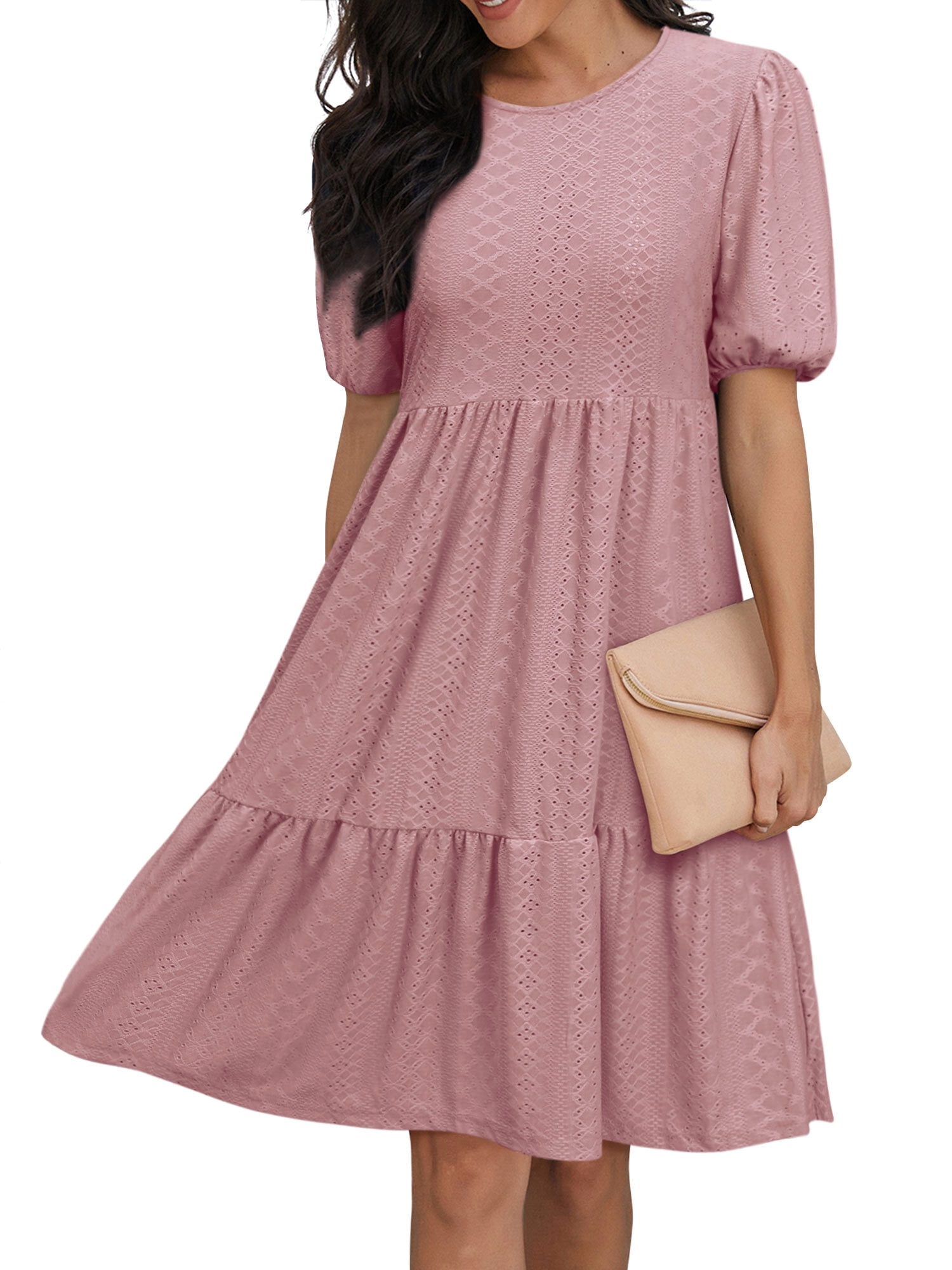 Blue Stripe Contrast Trim Round Neck Short Puff Sleeve Shift Mini Dress