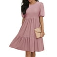 thumbnail image 1 of HUBERY Women Crew Neck Short Puff Sleeve Ruffled Keyhole Back Midi Dress, 1 of 6