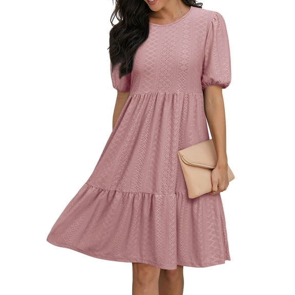 HUBERY Women Crew Neck Short Puff Sleeve Ruffled Keyhole Back Midi Dress