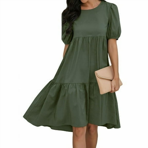HUBERY Women Crew Neck Short Puff Sleeve Ruffled Keyhole Back Midi Dress