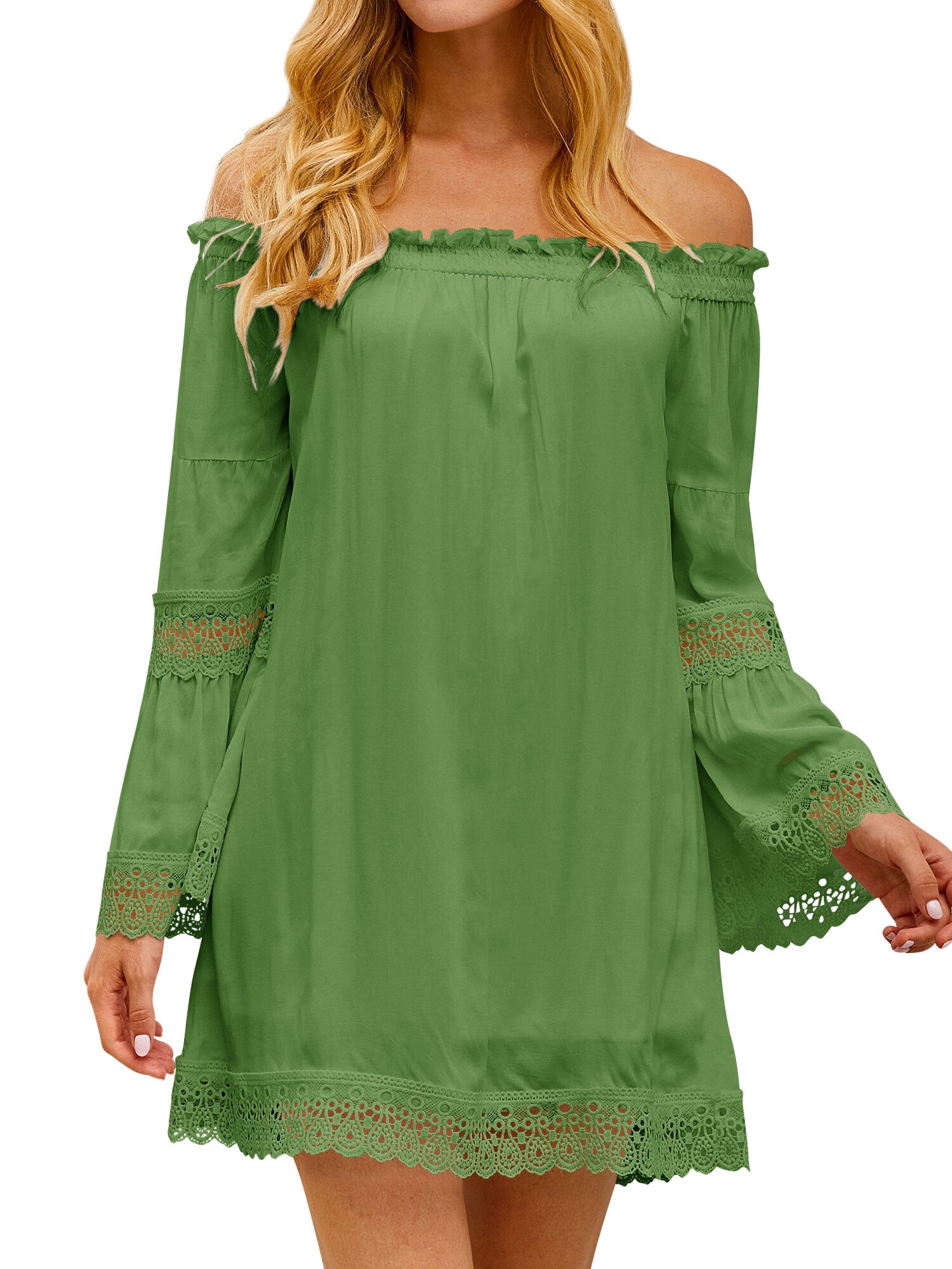 HUBERY Women Crochet Cutout Off Shoulder Long Sleeve Solid Color Mini Dress
