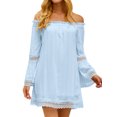 thumbnail image 1 of HUBERY Women Crochet Cutout Off Shoulder Long Sleeve Solid Color Mini Dress, 1 of 7