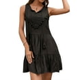 thumbnail image 1 of HUBERY Women Crochet Cutout Tassel Ruffled Hem V Neck Sleeveless Mini Dress, 1 of 6