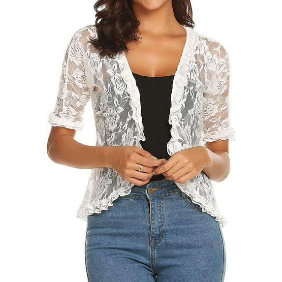 HUBERY Women Crochet Lace Floral Print Half Sleeve Solid Color Sun-Proof Cardigan
