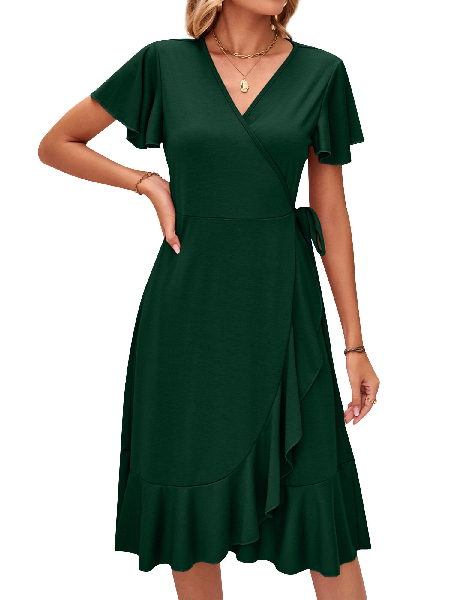 HUBERY Women Cross Over V Neck Flare Short Sleeve Tie Waist Ruffle Hem ...