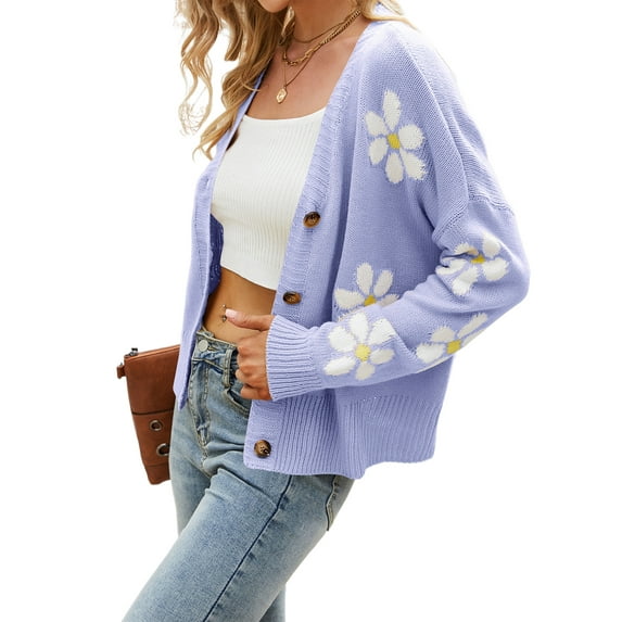 HUBERY Women Daisy Print Single-Breasted Long Sleeve Knitwear Cardigan