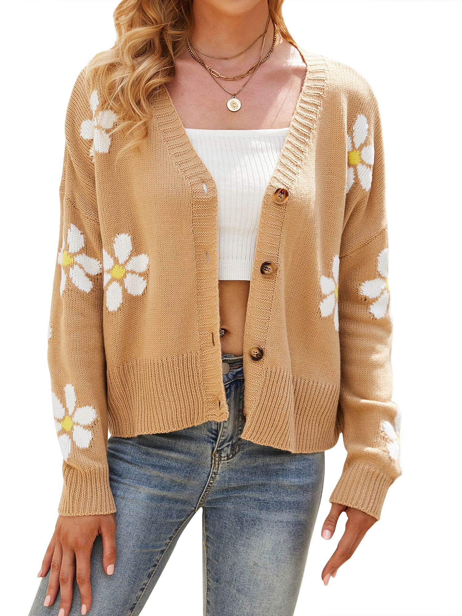 HUBERY Women Daisy Print Single-Breasted Long Sleeve Knitwear