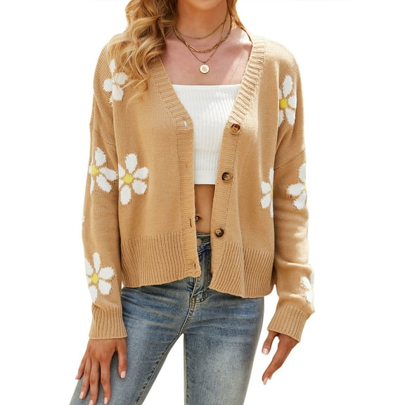 HUBERY Women Daisy Print Single-Breasted Long Sleeve Knitwear Cardigan