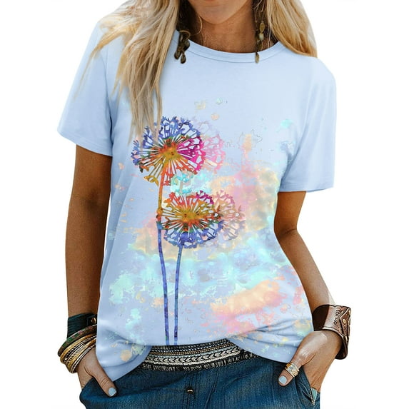 HUBERY Women Dandelion Printed Tie-Dye Round Neck Short Sleeve Top