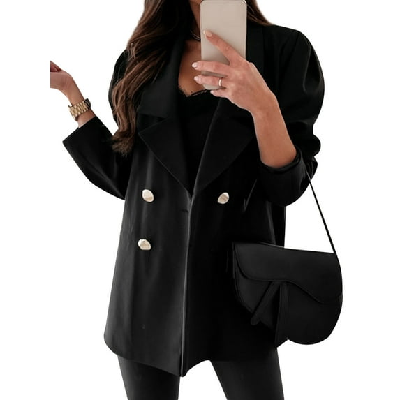 HUBERY Women Double-Breasted Lapel Collar Long Sleeve Solid Color Blazer Jacket