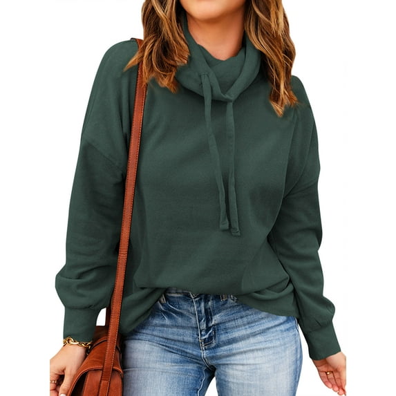 HUBERY Women Drawstring Heap Neck Long Sleeve Solid Color Pullover Top