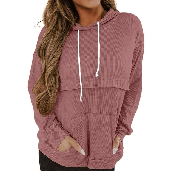 HUBERY Women Drawstring Kangaroo Pocket Spliced Long Sleeve Solid Color Hoodie