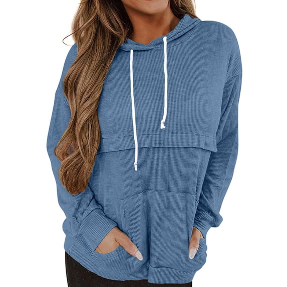 HUBERY Women Drawstring Kangaroo Pocket Spliced Long Sleeve Solid Color Hoodie