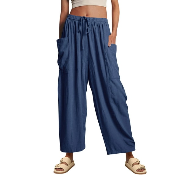 Hibeli Linen Pants for Women Drawstring Elastic Waist Wide Leg Casual Capri Pants with Pockets