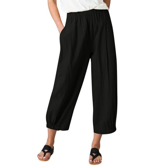 Hibeli Linen Cropped Pants for Women Lightweight Elastic High Waist Wide Leg Lounge Capri Pant with Pockets