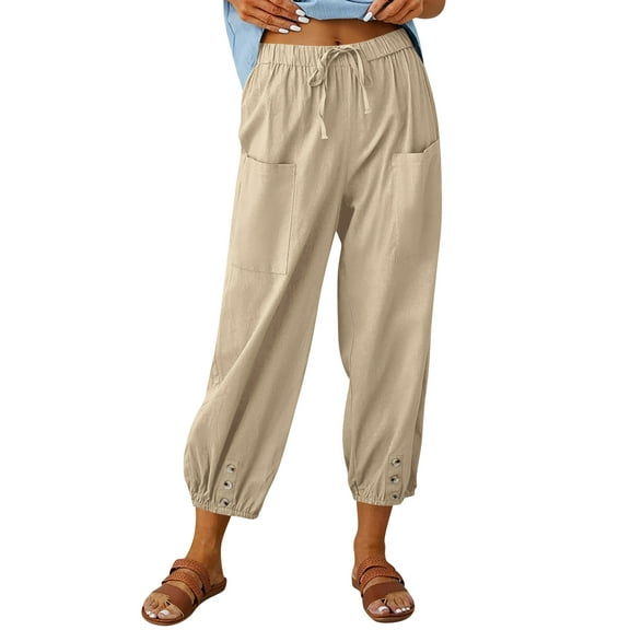 Hibeli Linen Pants Women Lightweight Drawstring Elastic Waist Cargo Jogger Pants with Pockets
