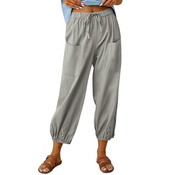 Hibeli Linen Pants Women Lightweight Drawstring Elastic Waist Cargo Jogger Pants with Pockets