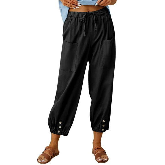 Hibeli Linen Pants Women Lightweight Drawstring Elastic Waist Cargo Jogger Pants with Pockets