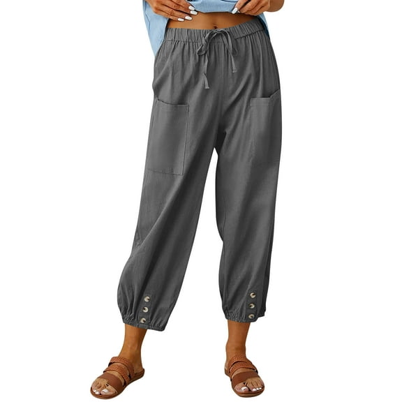 Hibeli Linen Pants Women Lightweight Drawstring Elastic Waist Cargo Jogger Pants with Pockets