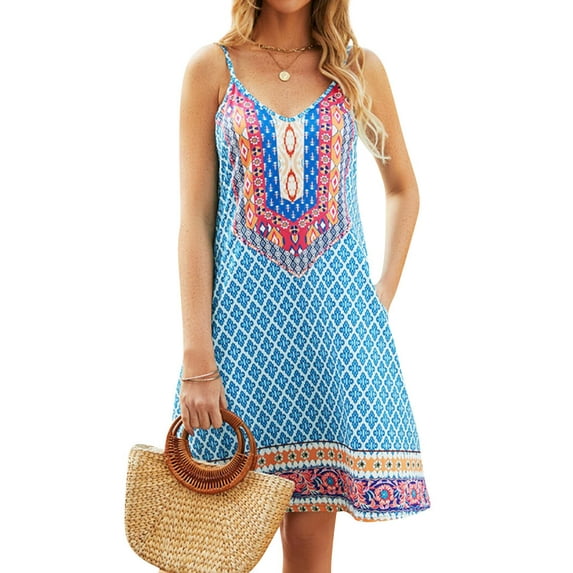 HUBERY Women Floral Print Spaghetti Strap V Neck Sleeveless Pocket Solid Color Midi Dress