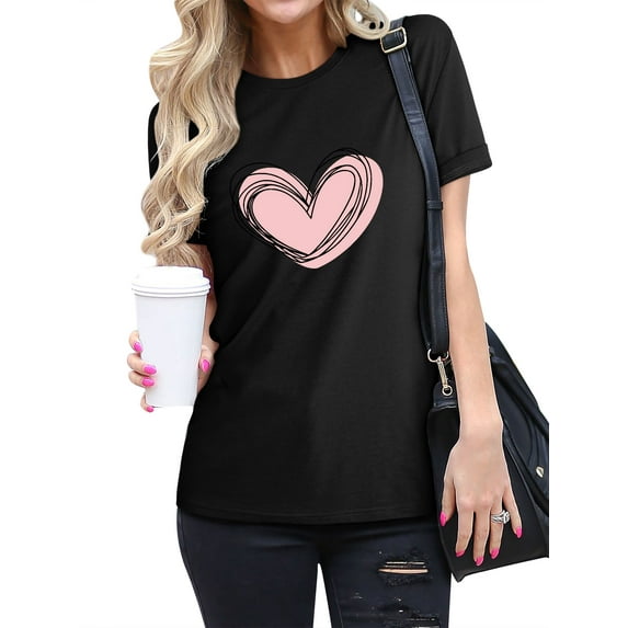 HUBERY Women Heart Graphic Round Neck Short Sleeve Valentine'S Day Top