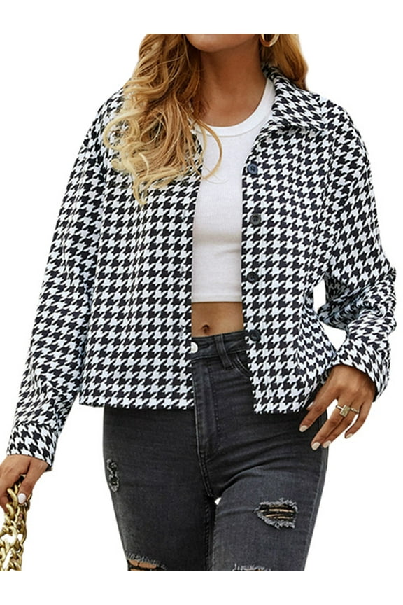 HUBERY Women Houndstooth Graphic Lapel Collar Button Down Long Sleeve Jacket