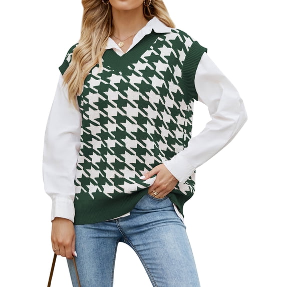 HUBERY Women Houndstooth Graphic Ribbed Knitted Sleeveless V Neck Vest